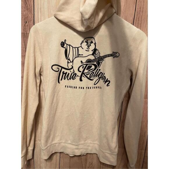 True Religion XS Buddha zip up hoodie sweatshirt cream black Y2K - Picture 1 of 8